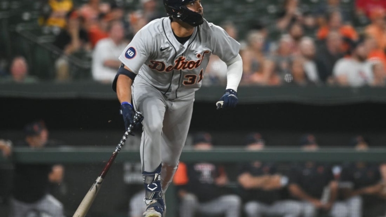 Sep 19, 2022; Baltimore, Maryland, USA; Detroit Tigers center fielder Riley Greene (31) this a rbi single in the fourth inning against the Baltimore Orioles  at Oriole Park at Camden Yards. Mandatory Credit: Tommy Gilligan-USA TODAY Sports