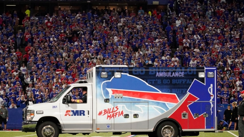 Buffalo Bills cornerback Dane Jackson (30) ileaves in an ambulance during the second quarter against the Titans at Highmark Stadium Monday, Sept. 19, 2022, in Orchard Park, New York.Nfl Tennessee Titans At Buffalo Bills