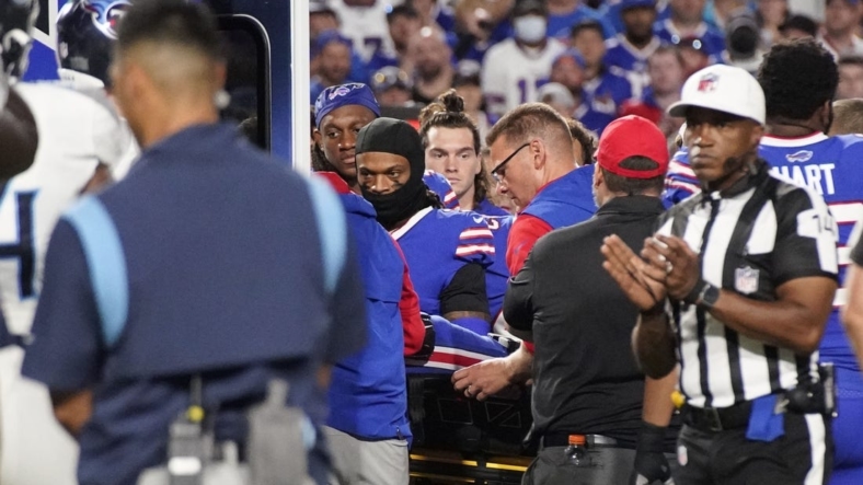 Sep 19, 2022; Orchard Park, New York, USA; Buffalo Bills cornerback Dane Jackson (30) is loaded into an ambulance during the second quarter against the Tennessee Titans at Highmark Stadium at Highmark Stadium  Mandatory Credit: George Walker IV -USA TODAY Sports