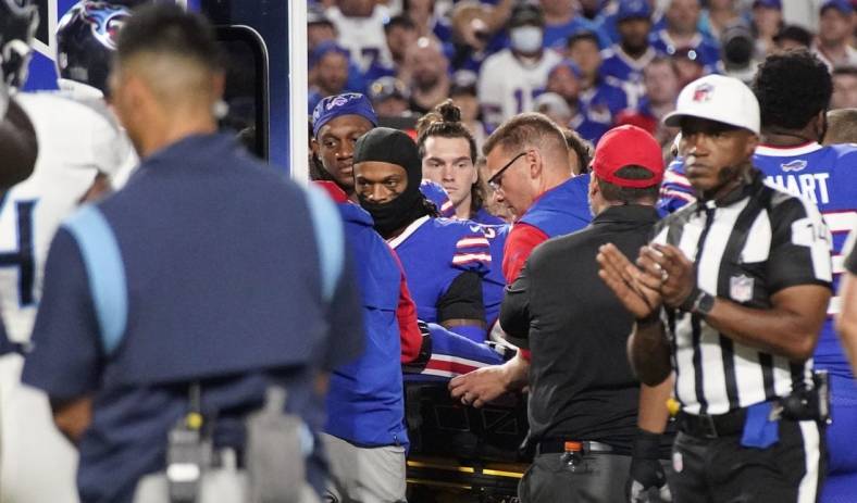 Sep 19, 2022; Orchard Park, New York, USA; Buffalo Bills cornerback Dane Jackson (30) is loaded into an ambulance during the second quarter against the Tennessee Titans at Highmark Stadium at Highmark Stadium  Mandatory Credit: George Walker IV -USA TODAY Sports