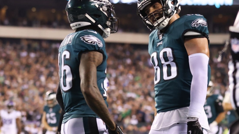 Sep 19, 2022; Philadelphia, Pennsylvania, USA; Philadelphia Eagles wide receiver Quez Watkins (16) celebrates with tight end Dallas Goedert (88) after his touchdown against the Minnesota Vikings during the second quarter at Lincoln Financial Field. Mandatory Credit: Bill Streicher-USA TODAY Sports