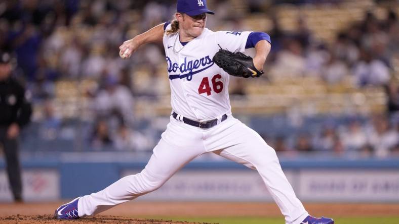 Sep 19, 2022; Los Angeles, California, USA; Los Angeles Dodgers relief pitcher Craig Kimbrel (46) throws in the ninth inning against the Arizona Diamondbacks at Dodger Stadium. Mandatory Credit: Kirby Lee-USA TODAY Sports