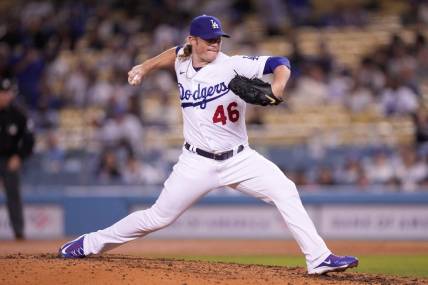 Sep 19, 2022; Los Angeles, California, USA; Los Angeles Dodgers relief pitcher Craig Kimbrel (46) throws in the ninth inning against the Arizona Diamondbacks at Dodger Stadium. Mandatory Credit: Kirby Lee-USA TODAY Sports