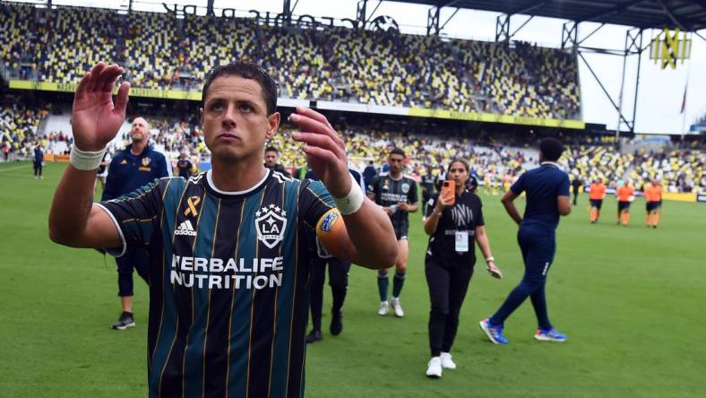 Sep 10, 2022; Nashville, Tennessee, USA; Los Angeles Galaxy forward Javier Hernandez (14) leaves the field after a tie against the Nashville SC at Geodis Park. Mandatory Credit: Christopher Hanewinckel-USA TODAY Sports