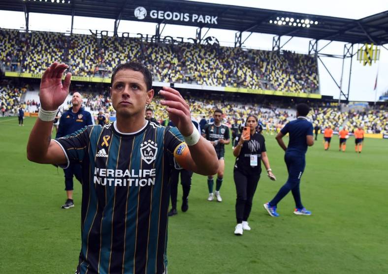 Sep 10, 2022; Nashville, Tennessee, USA; Los Angeles Galaxy forward Javier Hernandez (14) leaves the field after a tie against the Nashville SC at Geodis Park. Mandatory Credit: Christopher Hanewinckel-USA TODAY Sports