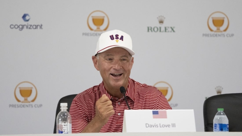 Sep 20, 2022; Charlotte, North Carolina, USA; Team USA captain Davis Love III smiles while addressing the media in a press conference during a practice day for the Presidents Cup golf tournament at Quail Hollow Club. Mandatory Credit: Kyle Terada-USA TODAY Sports