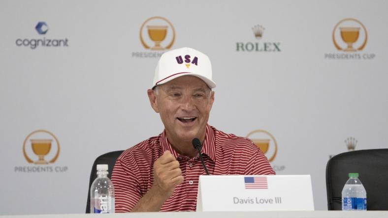 Sep 20, 2022; Charlotte, North Carolina, USA; Team USA captain Davis Love III smiles while addressing the media in a press conference during a practice day for the Presidents Cup golf tournament at Quail Hollow Club. Mandatory Credit: Kyle Terada-USA TODAY Sports