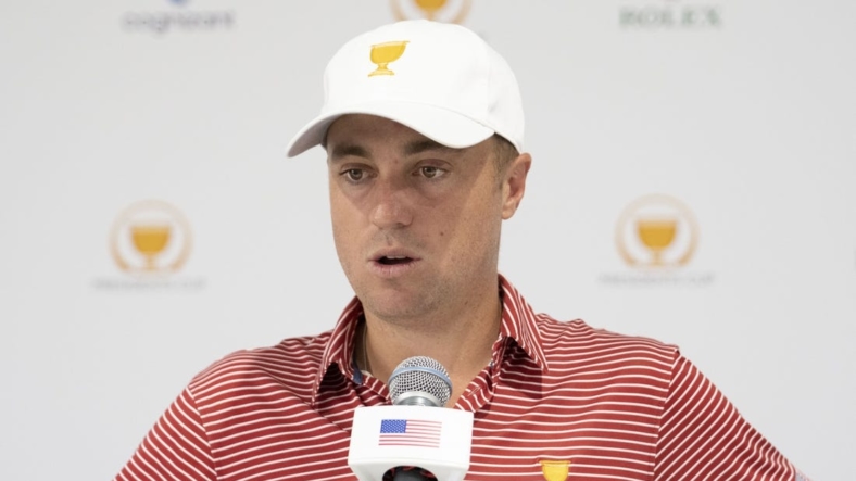 Sep 20, 2022; Charlotte, North Carolina, USA; Team USA golfer Justin Thomas addresses the media in a press conference during a practice day for the Presidents Cup golf tournament at Quail Hollow Club. Mandatory Credit: Kyle Terada-USA TODAY Sports