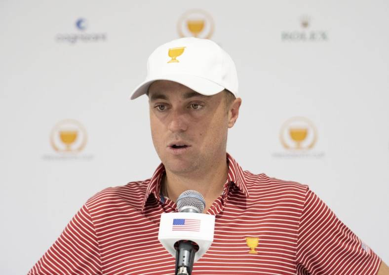 Sep 20, 2022; Charlotte, North Carolina, USA; Team USA golfer Justin Thomas addresses the media in a press conference during a practice day for the Presidents Cup golf tournament at Quail Hollow Club. Mandatory Credit: Kyle Terada-USA TODAY Sports
