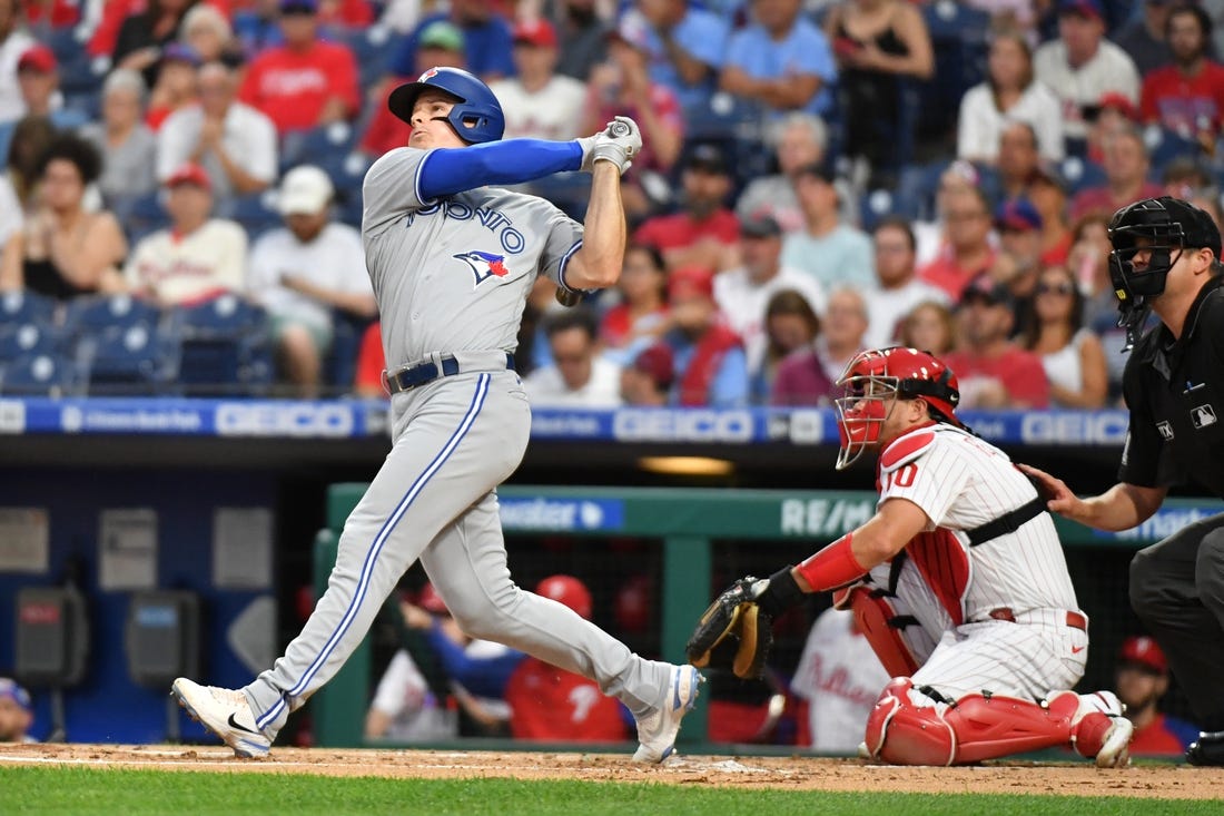 Sep 20, 2022; Philadelphia, Pennsylvania, USA; Toronto Blue Jays third baseman Matt Chapman (26) watches his three run home run against the Philadelphia Phillies during the first inning at Citizens Bank Park. Mandatory Credit: Eric Hartline-USA TODAY Sports