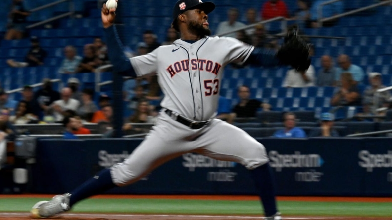 Sep 20, 2022; St. Petersburg, Florida, USA; Houston Astros pitcher Cristian Javier (53) throws a pitch in the second inning against the Tampa Bay Rays at Tropicana Field. Mandatory Credit: Jonathan Dyer-USA TODAY Sports