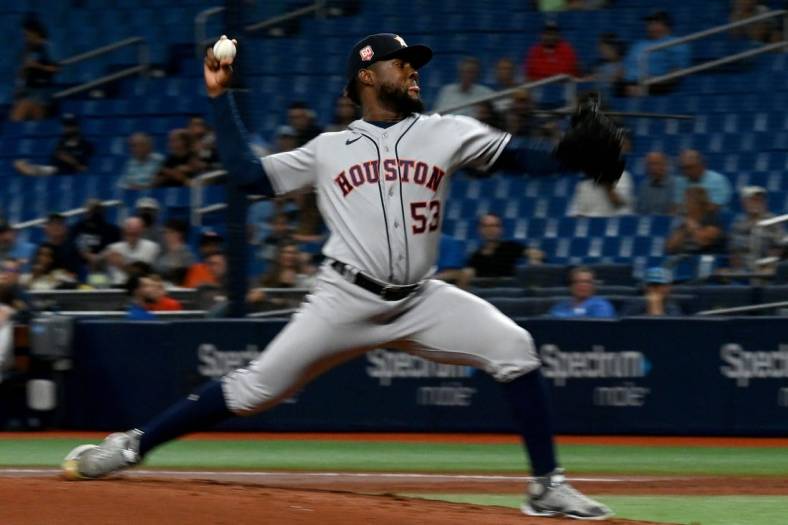 Sep 20, 2022; St. Petersburg, Florida, USA; Houston Astros pitcher Cristian Javier (53) throws a pitch in the second inning against the Tampa Bay Rays at Tropicana Field. Mandatory Credit: Jonathan Dyer-USA TODAY Sports