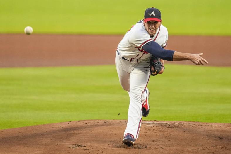 Sep 20, 2022; Cumberland, Georgia, USA; Atlanta Braves starting pitcher Charlie Morton (50) pitches against the Washington Nationals during the first inning at Truist Park. Mandatory Credit: Dale Zanine-USA TODAY Sports