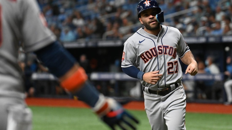 Sep 20, 2022; St. Petersburg, Florida, USA; Houston Astros second baseman Jose Altuve (27) scores a run in the fifth inning against the Tampa Bay Rays at Tropicana Field. Mandatory Credit: Jonathan Dyer-USA TODAY Sports