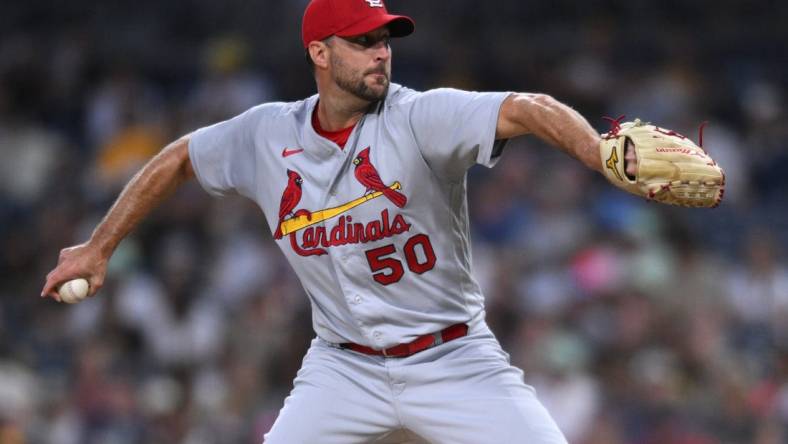 Sep 20, 2022; San Diego, California, USA; St. Louis Cardinals starting pitcher Adam Wainwright (50) throws a pitch against the San Diego Padres during the first inning at Petco Park. Mandatory Credit: Orlando Ramirez-USA TODAY Sports