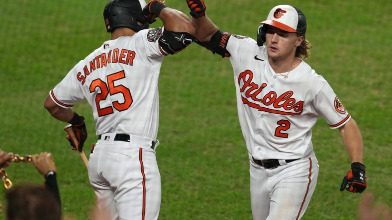 Sep 20, 2022; Baltimore, Maryland, USA; Baltimore Orioles third baseman Gunnar Henderson (2) greeted by outfielder Anthony Santander (25) after his two-run home run in the seventh inning against the Detroit Tigers at Oriole Park at Camden Yards. Mandatory Credit: Mitch Stringer-USA TODAY Sports