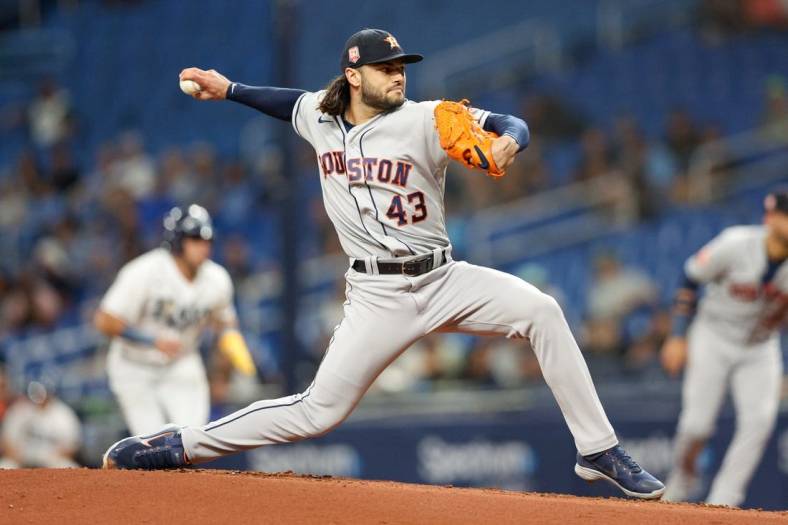 Sep 21, 2022; St. Petersburg, Florida, USA;  Houston Astros starting pitcher Lance McCullers Jr. (43) throws a pitch against the Tampa Bay Rays in the first inning at Tropicana Field. Mandatory Credit: Nathan Ray Seebeck-USA TODAY Sports