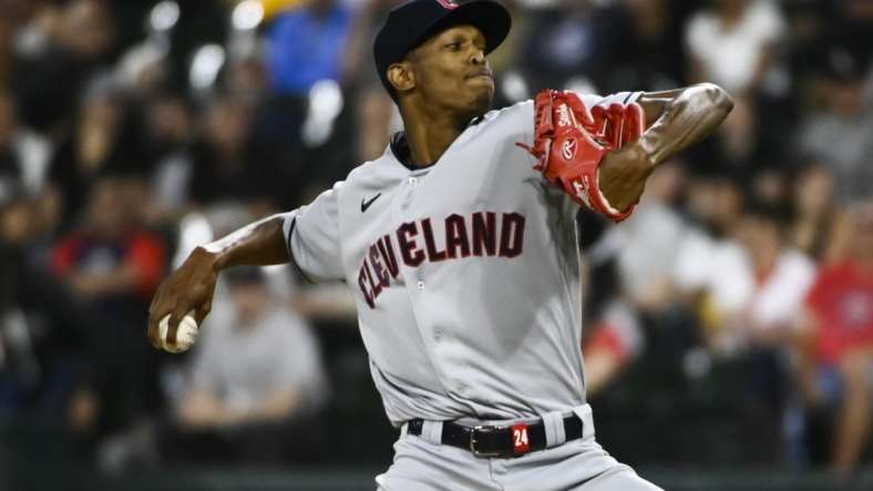 Sep 21, 2022; Chicago, Illinois, USA; Cleveland Guardians starting pitcher Triston McKenzie (24) delivers against the Chicago White Sox during the first inning at Guaranteed Rate Field. Mandatory Credit: Matt Marton-USA TODAY Sports