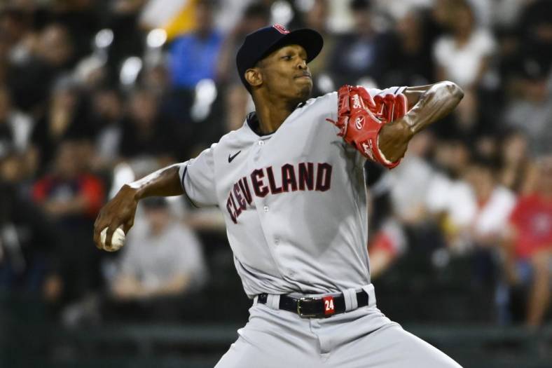 Sep 21, 2022; Chicago, Illinois, USA; Cleveland Guardians starting pitcher Triston McKenzie (24) delivers against the Chicago White Sox during the first inning at Guaranteed Rate Field. Mandatory Credit: Matt Marton-USA TODAY Sports