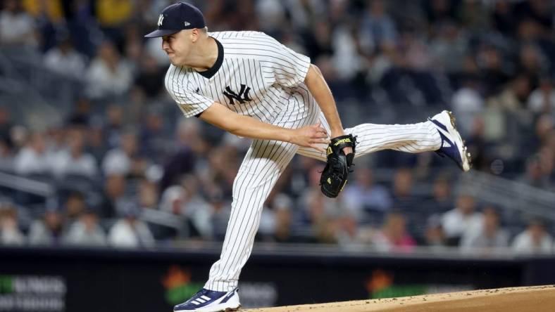 Sep 22, 2022; Bronx, New York, USA; New York Yankees starting pitcher Jameson Taillon (50) follows through on a pitch against the Boston Red Sox during the first inning at Yankee Stadium. Mandatory Credit: Brad Penner-USA TODAY Sports