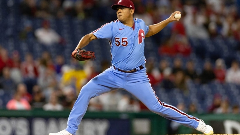 Sep 22, 2022; Philadelphia, Pennsylvania, USA; Philadelphia Phillies starting pitcher Ranger Suarez (55) throws a pitch during the first inning against the Atlanta Braves at Citizens Bank Park. Mandatory Credit: Bill Streicher-USA TODAY Sports