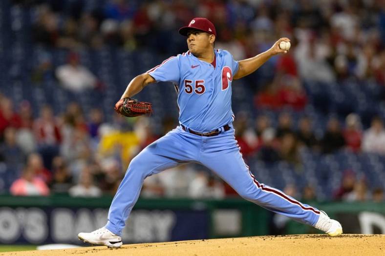 Sep 22, 2022; Philadelphia, Pennsylvania, USA; Philadelphia Phillies starting pitcher Ranger Suarez (55) throws a pitch during the first inning against the Atlanta Braves at Citizens Bank Park. Mandatory Credit: Bill Streicher-USA TODAY Sports