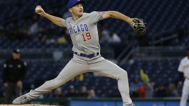 Sep 22, 2022; Pittsburgh, Pennsylvania, USA; Chicago Cubs starting pitcher Hayden Wesneski (19) delivers a pitch against the Pittsburgh Pirates during the first inning at PNC Park. Mandatory Credit: Charles LeClaire-USA TODAY Sports