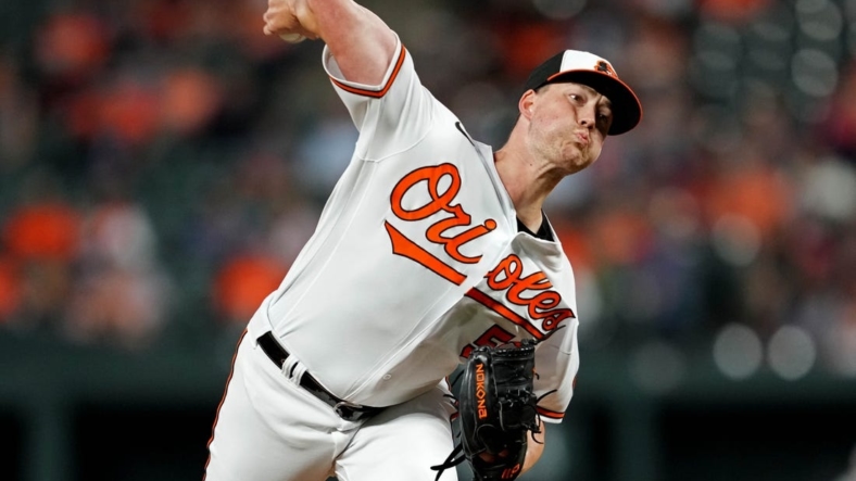 Sep 22, 2022; Baltimore, Maryland, USA; Baltimore Orioles pitcher Kyle Bradish (56) delivers in the first inning against the Houston Astros at Oriole Park at Camden Yards. Mandatory Credit: Mitch Stringer-USA TODAY Sports