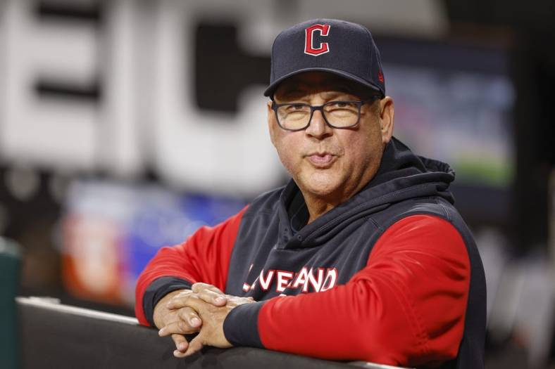 Sep 22, 2022; Chicago, Illinois, USA; Cleveland Guardians manager Terry Francona (77) looks on from the dugout before a baseball game against the Chicago White Sox at Guaranteed Rate Field. Mandatory Credit: Kamil Krzaczynski-USA TODAY Sports