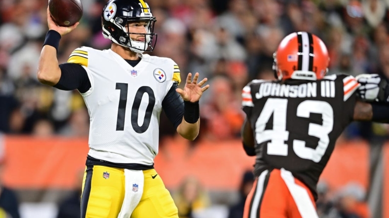 Sep 22, 2022; Cleveland, Ohio, USA; Pittsburgh Steelers quarterback Mitch Trubisky (10) throws a pass during the first quarter against the Cleveland Browns at FirstEnergy Stadium. Mandatory Credit: David Dermer-USA TODAY Sports