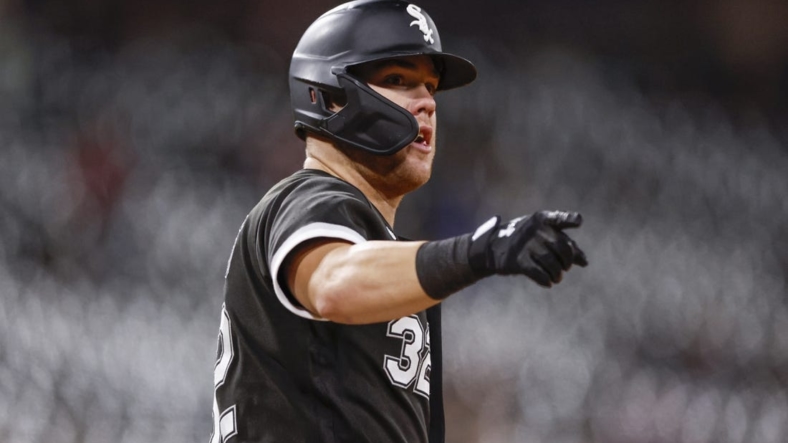 Sep 22, 2022; Chicago, Illinois, USA; Chicago White Sox right fielder Gavin Sheets (32) rounds the bases after hitting a solo home run against the Cleveland Guardians during the eight inning at Guaranteed Rate Field. Mandatory Credit: Kamil Krzaczynski-USA TODAY Sports