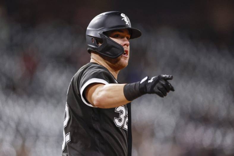 Sep 22, 2022; Chicago, Illinois, USA; Chicago White Sox right fielder Gavin Sheets (32) rounds the bases after hitting a solo home run against the Cleveland Guardians during the eight inning at Guaranteed Rate Field. Mandatory Credit: Kamil Krzaczynski-USA TODAY Sports