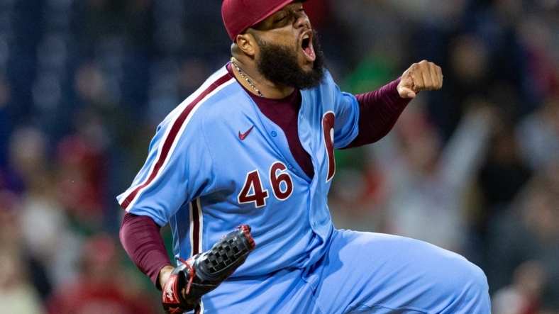 Sep 22, 2022; Philadelphia, Pennsylvania, USA; Philadelphia Phillies relief pitcher Jose Alvarado (46) reacts after a strike out to complete a victory against the Atlanta Braves at Citizens Bank Park. Mandatory Credit: Bill Streicher-USA TODAY Sports