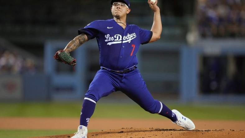 Sep 22, 2022; Los Angeles, California, USA; Los Angeles Dodgers starting pitcher Julio Urias (7) throws in the first inning against the Arizona Diamondbacks at Dodger Stadium. Mandatory Credit: Kirby Lee-USA TODAY Sports