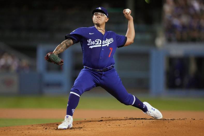 Sep 22, 2022; Los Angeles, California, USA; Los Angeles Dodgers starting pitcher Julio Urias (7) throws in the first inning against the Arizona Diamondbacks at Dodger Stadium. Mandatory Credit: Kirby Lee-USA TODAY Sports