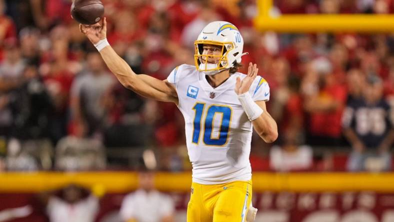 Sep 15, 2022; Kansas City, Missouri, USA; Los Angeles Chargers quarterback Justin Herbert (10) against the Kansas City Chiefs during the second half at GEHA Field at Arrowhead Stadium. Mandatory Credit: Jay Biggerstaff-USA TODAY Sports