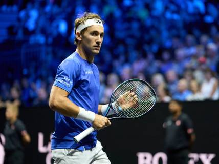 Sep 23, 2022; London, United Kingdom;  Casper Ruud (NOR) reacts to a point in his Laver Cup tennis match against Jack Sock (USA).  Mandatory Credit: Peter van den Berg-USA TODAY Sports