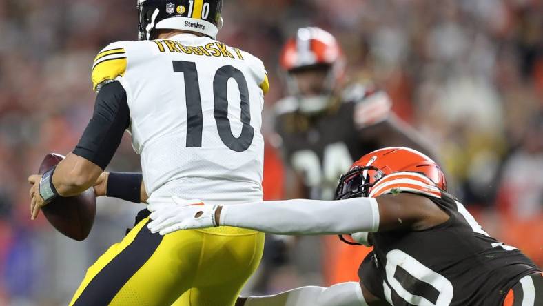 Steelers quarterback Mitch Trubisky is sacked by Browns linebacker Jacob Phillips during the second half Thursday, Sept. 22, 2022, in Cleveland.

Brownssteelers 14