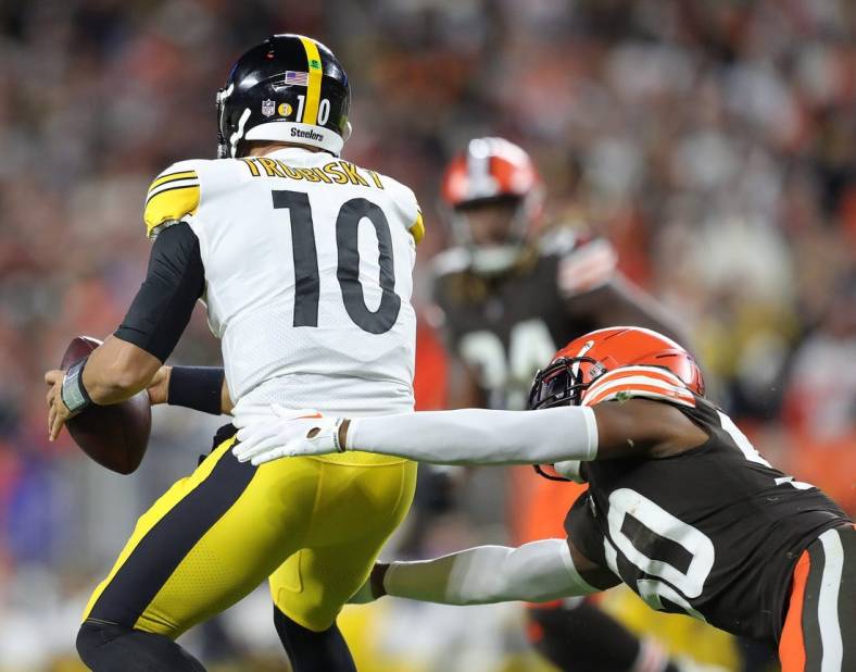 Steelers quarterback Mitch Trubisky is sacked by Browns linebacker Jacob Phillips during the second half Thursday, Sept. 22, 2022, in Cleveland.

Brownssteelers 14