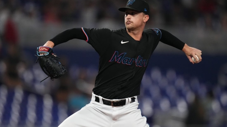 Sep 24, 2022; Miami, Florida, USA; Miami Marlins starting pitcher Braxton Garrett (60) delivers a pitch in the first inning against the Washington Nationals at loanDepot park. Mandatory Credit: Jasen Vinlove-USA TODAY Sports