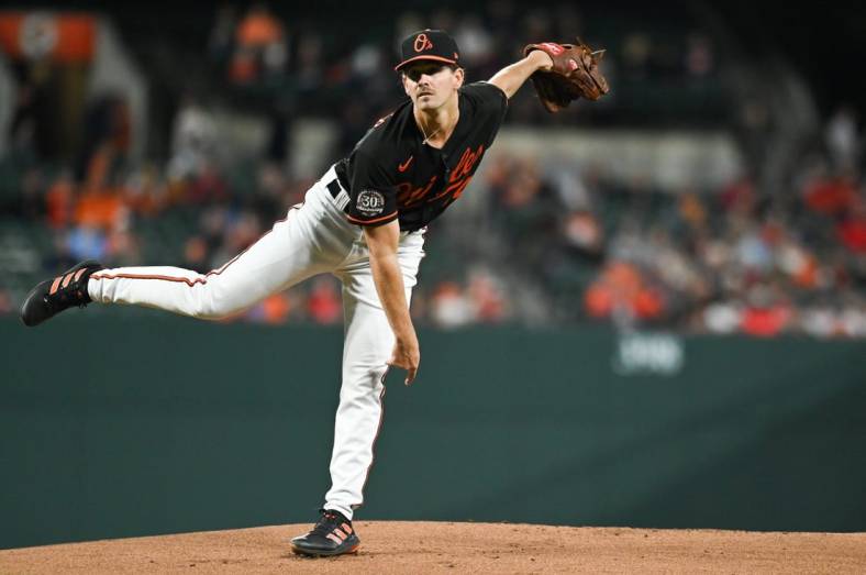 Sep 23, 2022; Baltimore, Maryland, USA;  Baltimore Orioles starting pitcher Dean Kremer (64) follows through on a first inning pitch against the Houston Astros at Oriole Park at Camden Yards. Mandatory Credit: Tommy Gilligan-USA TODAY Sports