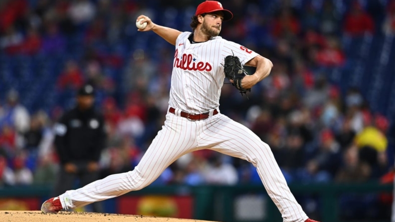 Sep 23, 2022; Philadelphia, Pennsylvania, USA; Philadelphia Phillies pitcher Aaron Nola (27) throws a pitch against the Atlanta Braves in the first inning at Citizens Bank Park. Mandatory Credit: Kyle Ross-USA TODAY Sports