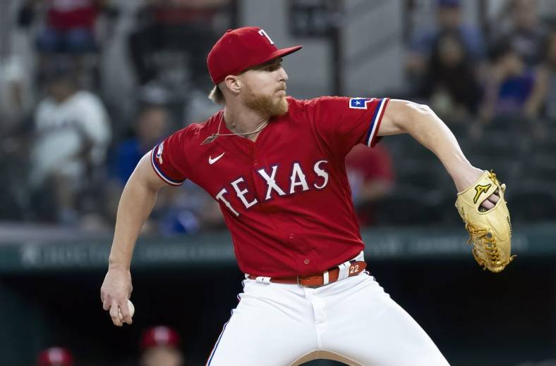 Sep 23, 2022; Arlington, Texas, USA;  Texas Rangers starting pitcher Jon Gray (22) throws during the first inning against the Cleveland Guardians at Globe Life Field. Mandatory Credit: Kevin Jairaj-USA TODAY Sports