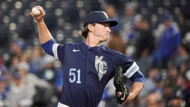 Sep 23, 2022; Kansas City, Missouri, USA; Kansas City Royals starting pitcher Brady Singer (51) throws a pitch against the Seattle Mariners in the first inning at Kauffman Stadium. Mandatory Credit: Denny Medley-USA TODAY Sports