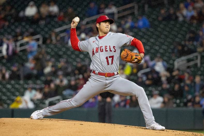 Sep 23, 2022; Minneapolis, Minnesota, USA; Los Angeles Angels starting pitcher Shohei Ohtani (17) throws a pitch during the first inning against the Minnesota Twins at Target Field. Mandatory Credit: Jordan Johnson-USA TODAY Sports