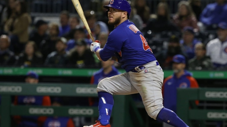 Sep 23, 2022; Pittsburgh, Pennsylvania, USA; Chicago Cubs second baseman Esteban Quiroz (43) hits an RBI single against the Pittsburgh Pirates during the eighth inning at PNC Park. Mandatory Credit: Charles LeClaire-USA TODAY Sports