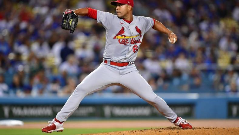 Sep 23, 2022; Los Angeles, California, USA; St. Louis Cardinals starting pitcher Jose Quintana (62) throws agasinst the Los Angeles Dodgers during the first inning at Dodger Stadium. Mandatory Credit: Gary A. Vasquez-USA TODAY Sports