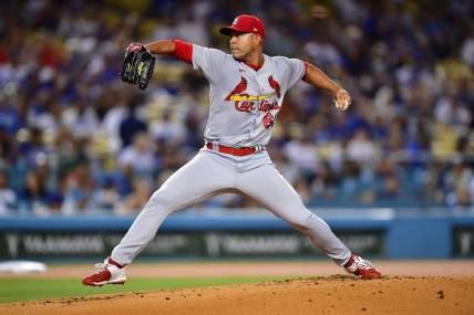 Sep 23, 2022; Los Angeles, California, USA; St. Louis Cardinals starting pitcher Jose Quintana (62) throws agasinst the Los Angeles Dodgers during the first inning at Dodger Stadium. Mandatory Credit: Gary A. Vasquez-USA TODAY Sports