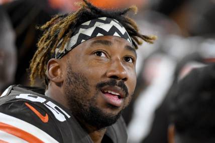 Sep 22, 2022; Cleveland, Ohio, USA; Cleveland Browns defensive end Myles Garrett (95) on the bench during a break in the action against the Pittsburgh Steelers at FirstEnergy Stadium. Mandatory Credit: Lon Horwedel-USA TODAY Sports