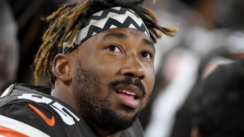 Sep 22, 2022; Cleveland, Ohio, USA; Cleveland Browns defensive end Myles Garrett (95) on the bench during a break in the action against the Pittsburgh Steelers at FirstEnergy Stadium. Mandatory Credit: Lon Horwedel-USA TODAY Sports